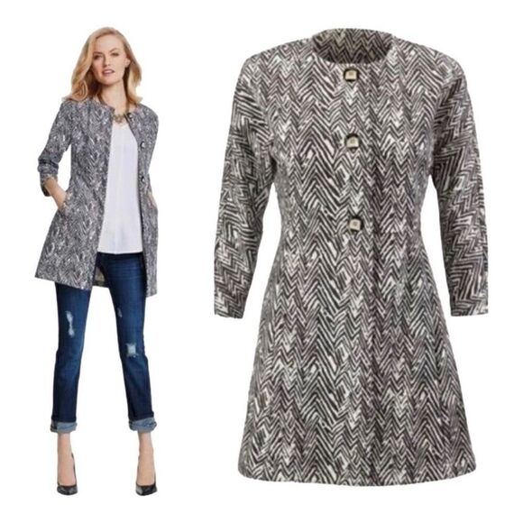 CAbi Zig Zag Ponte Knit Jacket Pockets Button Up Women Large White Gray 3034 - Picture 1 of 10